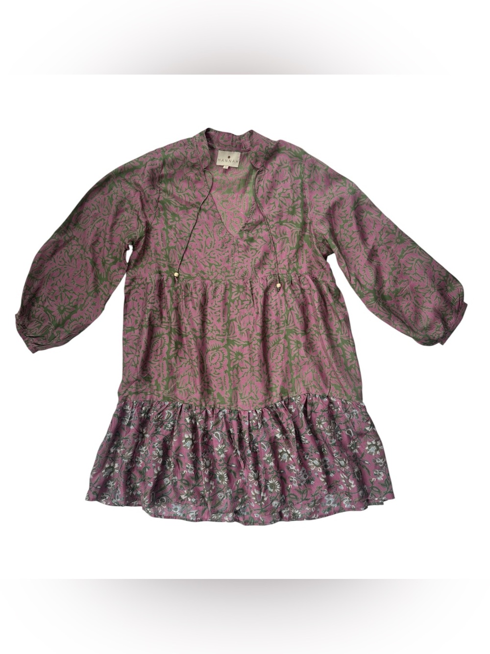 Hannah Artwear Silk Mini Dress Pink Green Floral Boho Tiered Balloon Sleeve